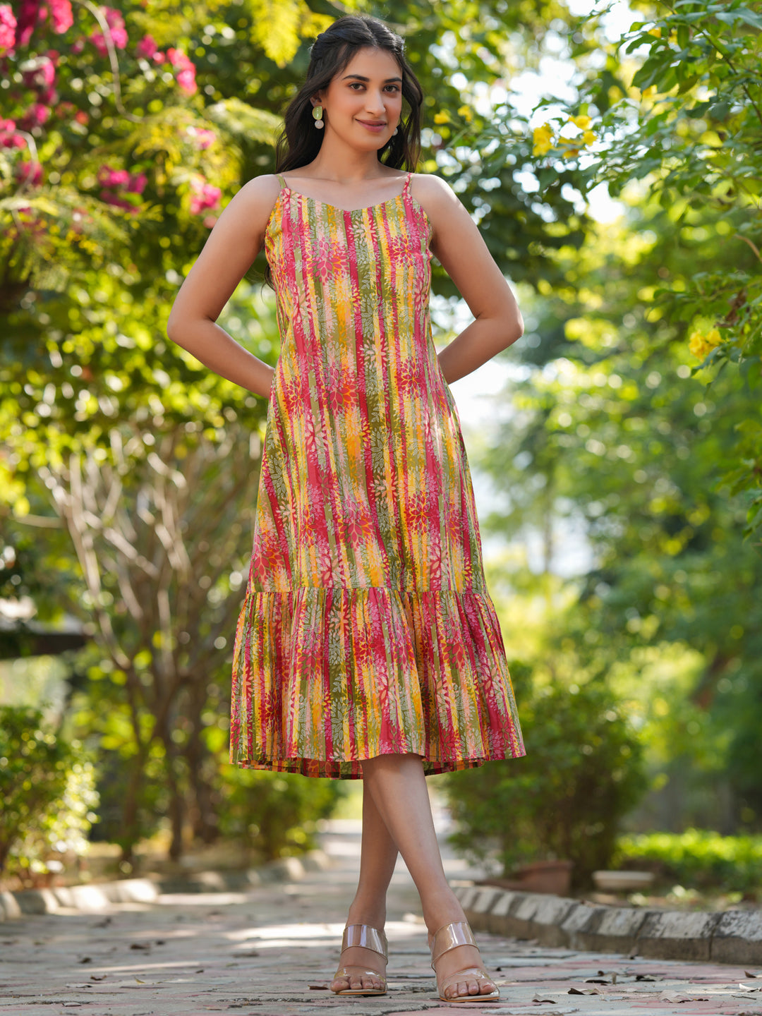 Multicolor Pure Cotton Floral Printed Tiered Dress