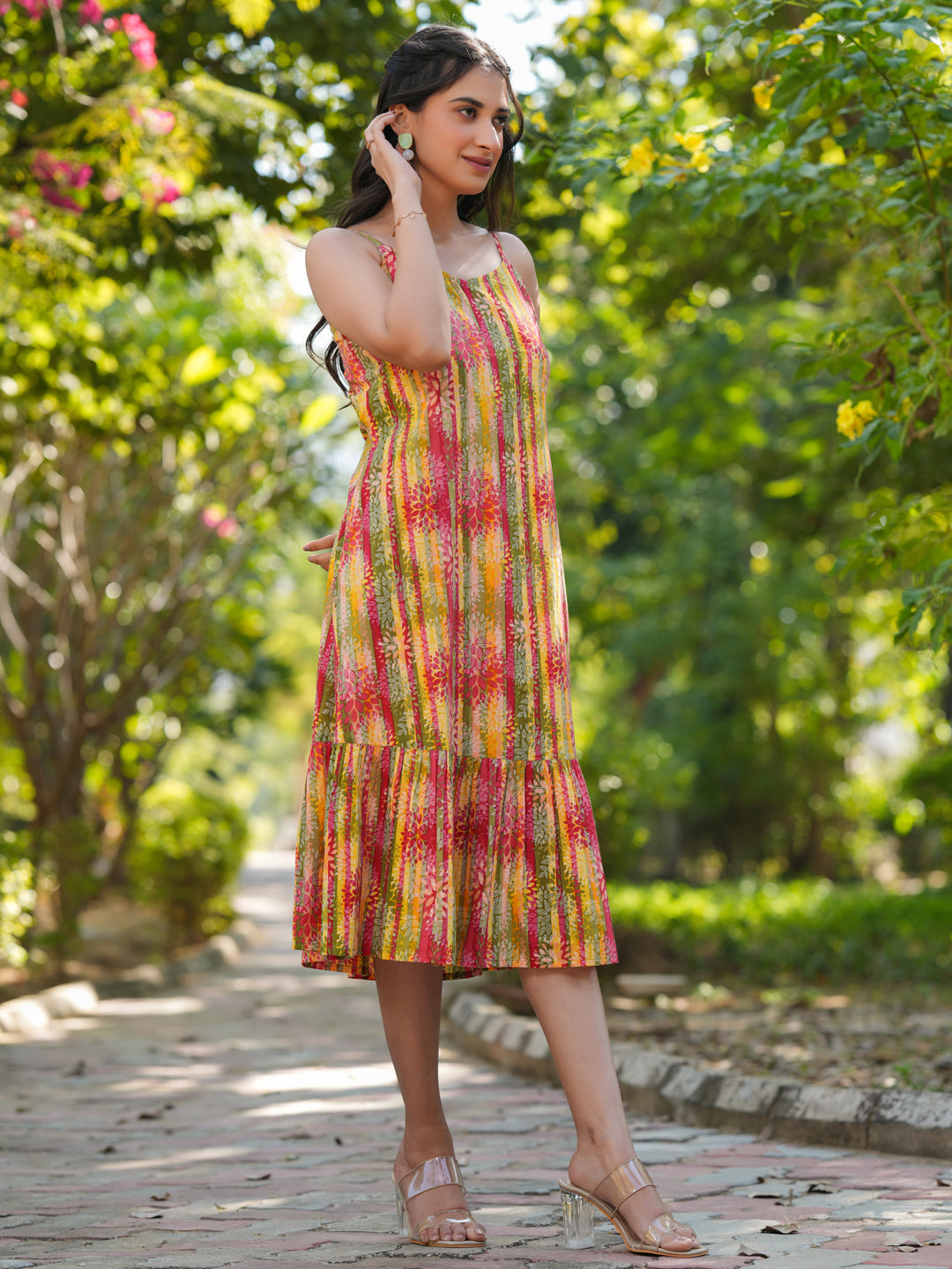 Multicolor Pure Cotton Floral Printed Tiered Dress