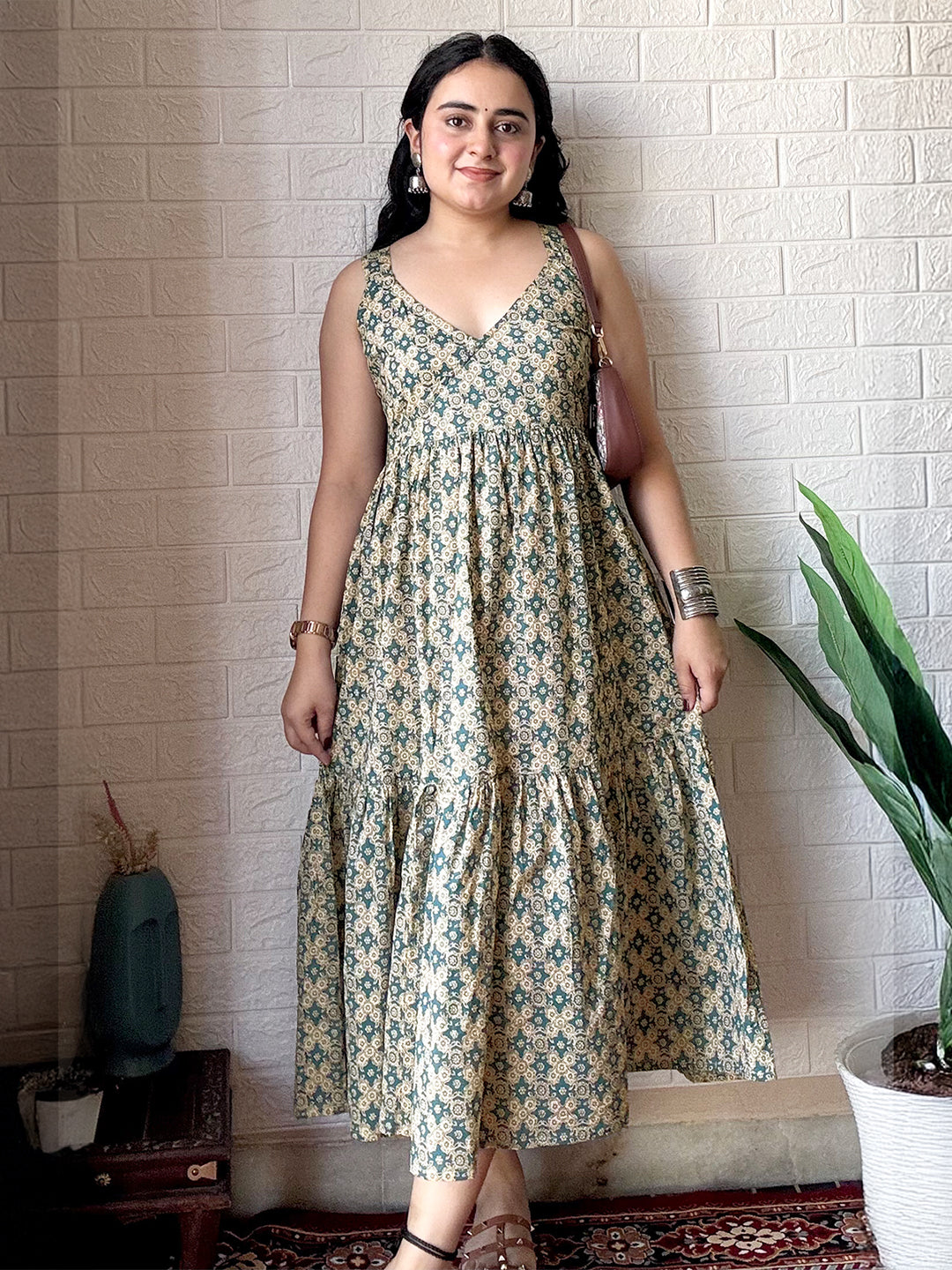 Beige Pure Cotton Ethnic Motifs Printed Tiered Dress