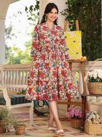 Multicolor Pure Cotton Floral Printed Tiered Dress