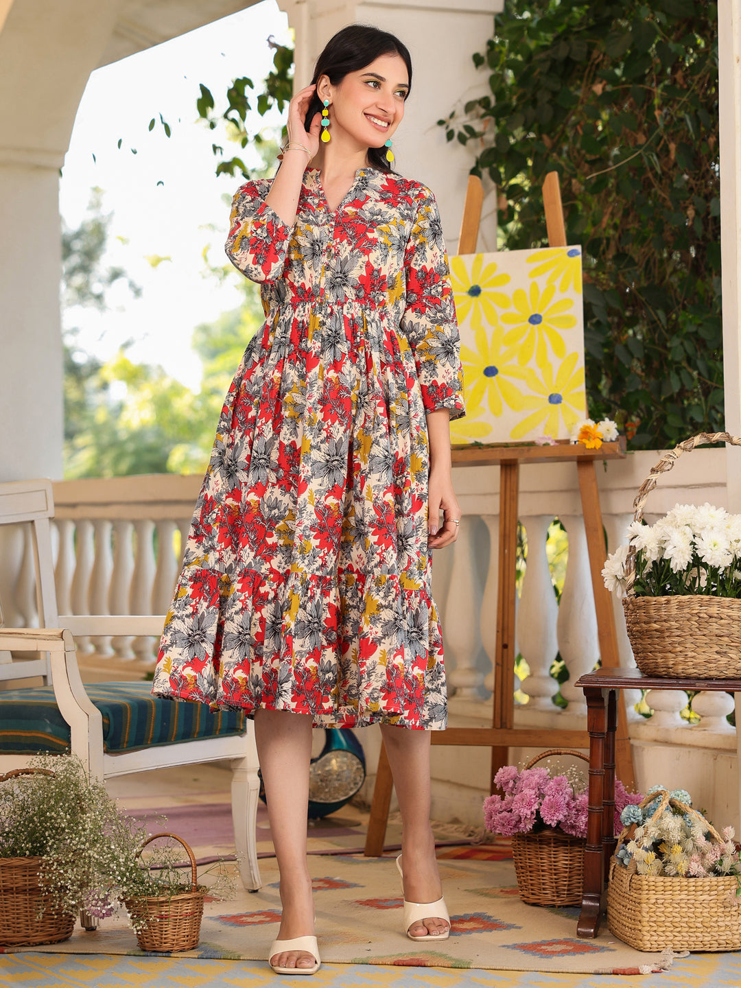 Multicolor Pure Cotton Floral Printed Tiered Dress