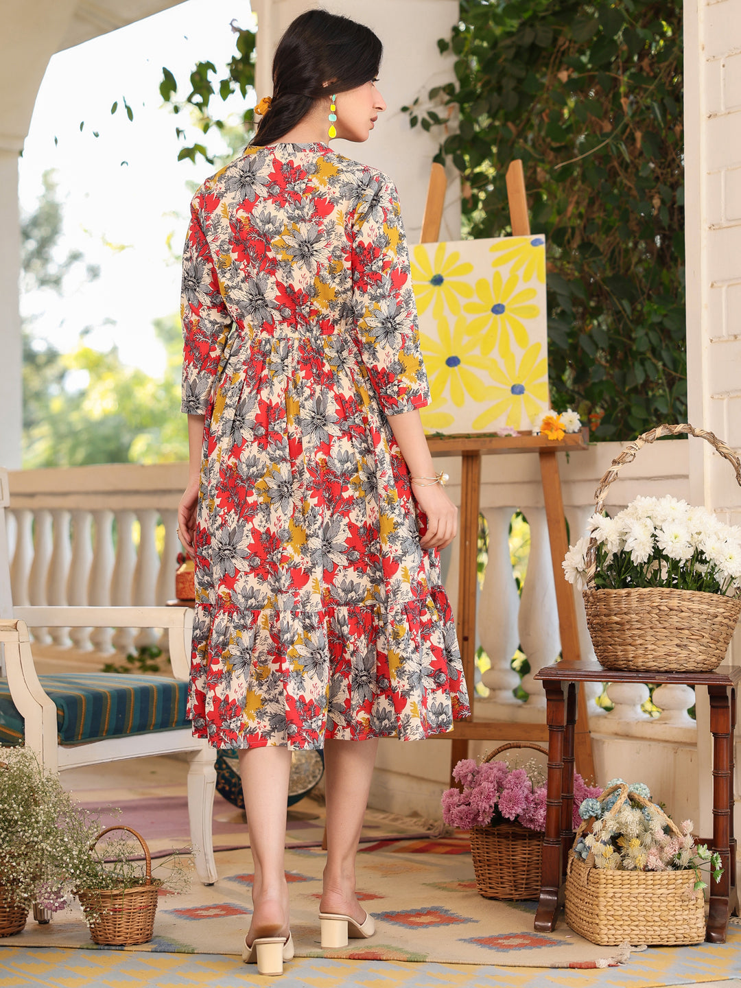 Multicolor Pure Cotton Floral Printed Tiered Dress