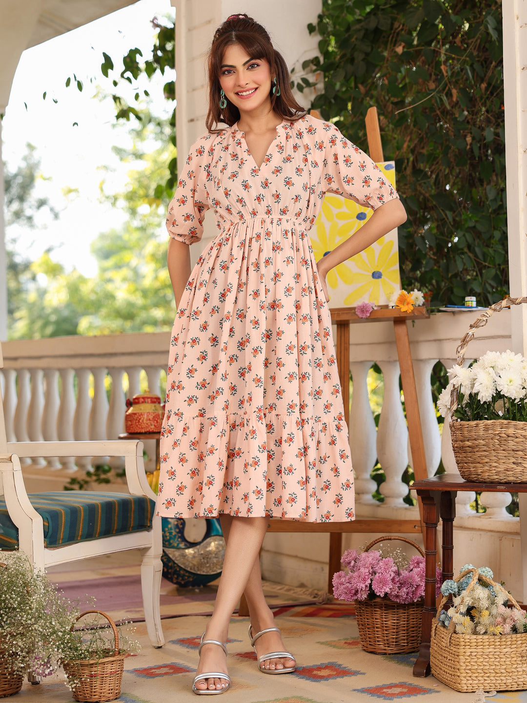 Peach Pure Cotton Floral Printed Tiered Dress