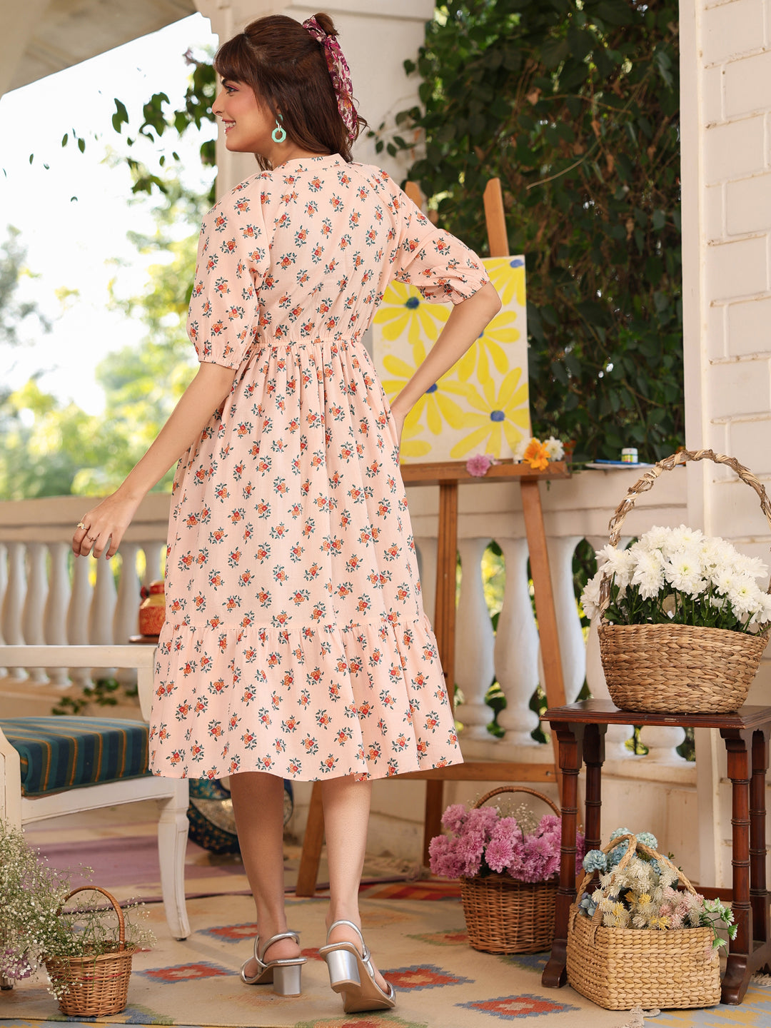 Peach Pure Cotton Floral Printed Tiered Dress