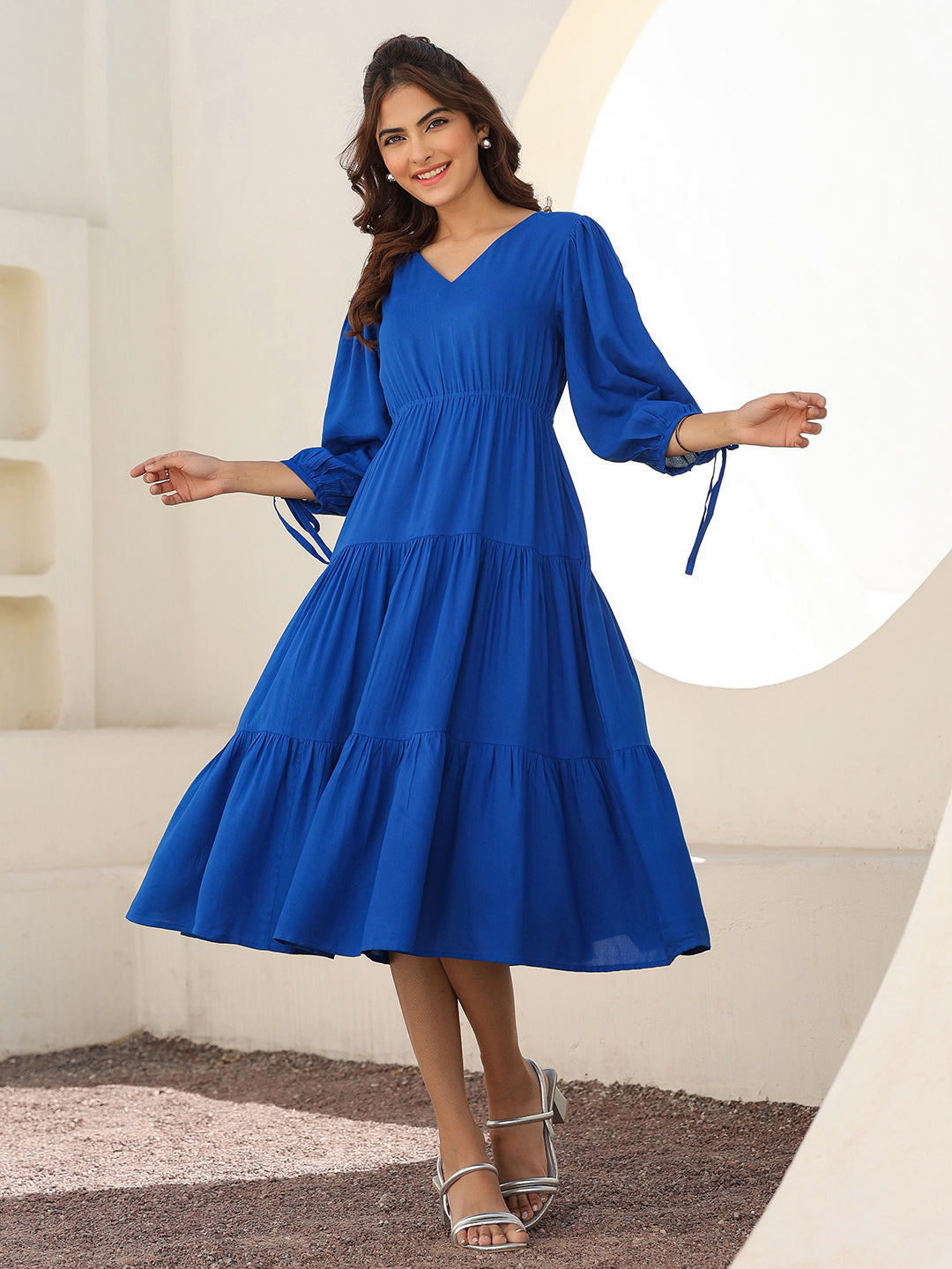 Royal Blue Rayon Solid Tiered Dress