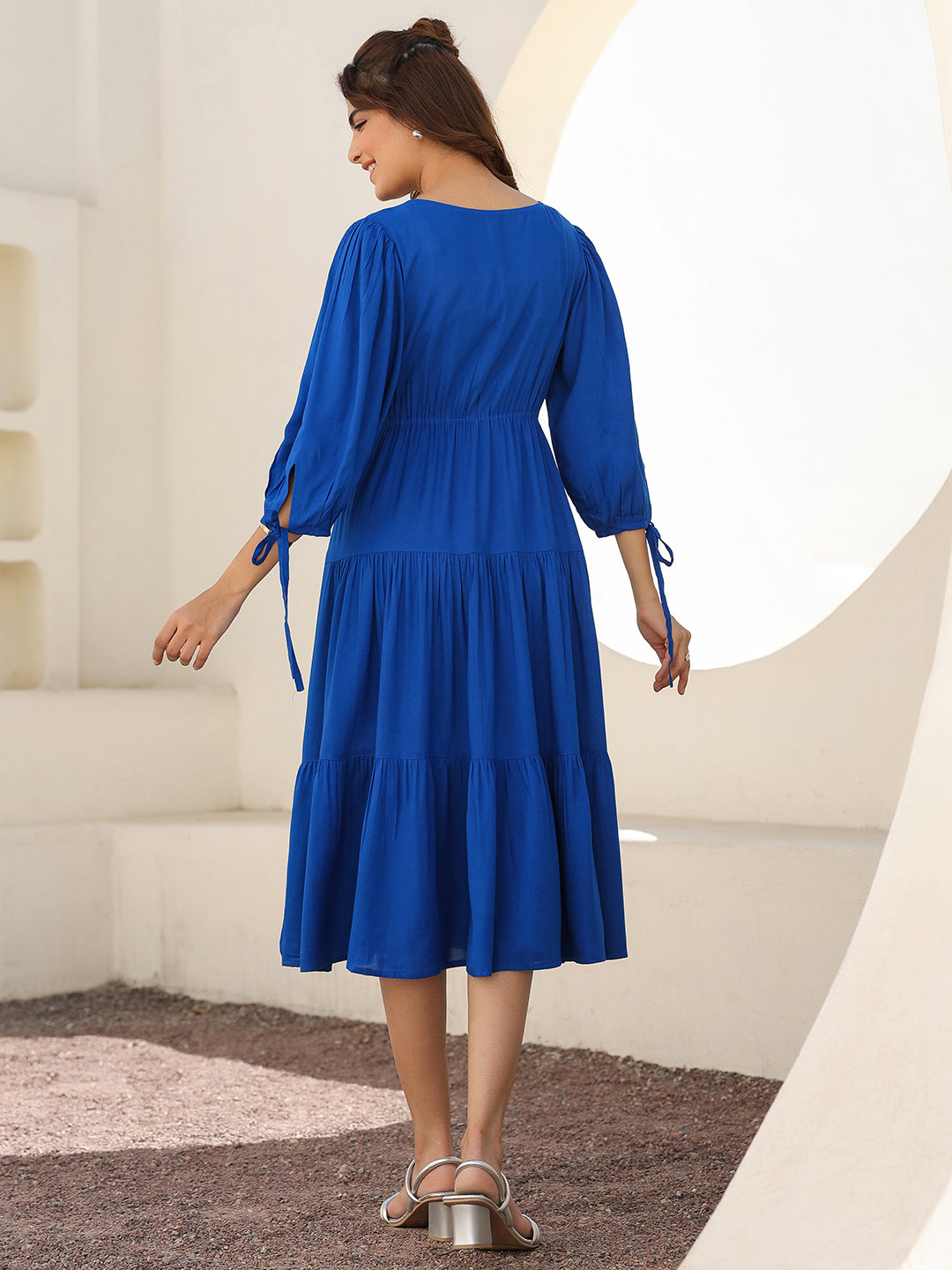 Royal Blue Rayon Solid Tiered Dress