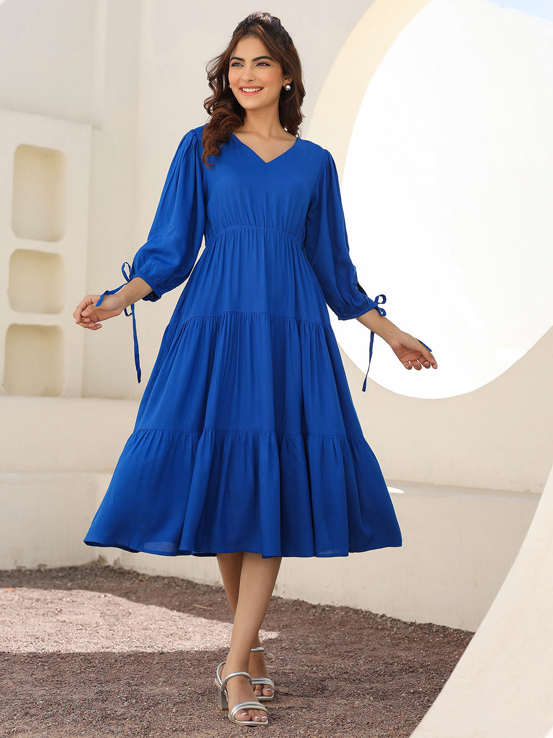 Royal Blue Rayon Solid Tiered Dress