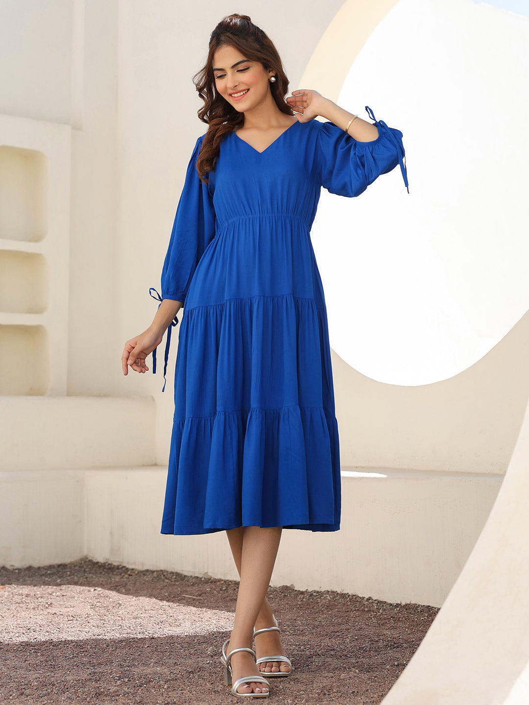 Royal Blue Rayon Solid Tiered Dress