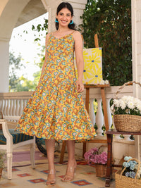 Mustard Pure Cotton Floral Printed Tiered Dress