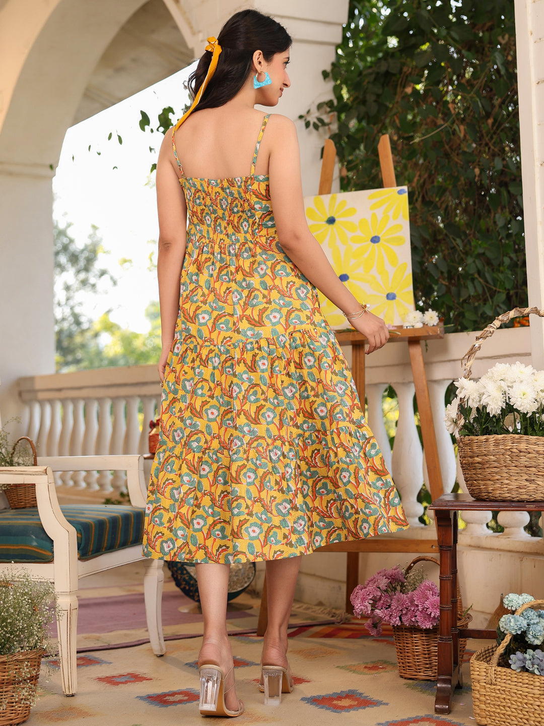 Mustard Pure Cotton Floral Printed Tiered Dress