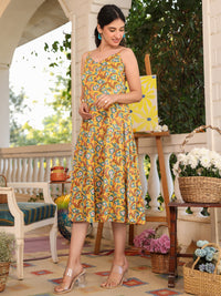 Mustard Pure Cotton Floral Printed Tiered Dress