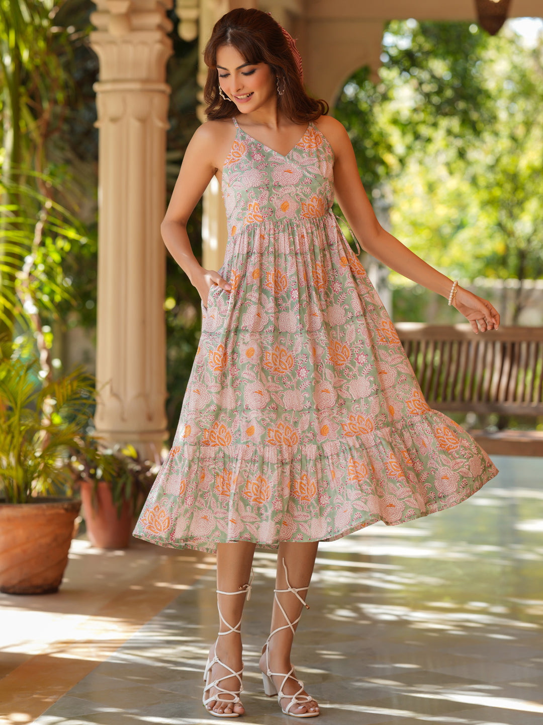 Light Green Pure Cotton Floral Printed Tiered Dress