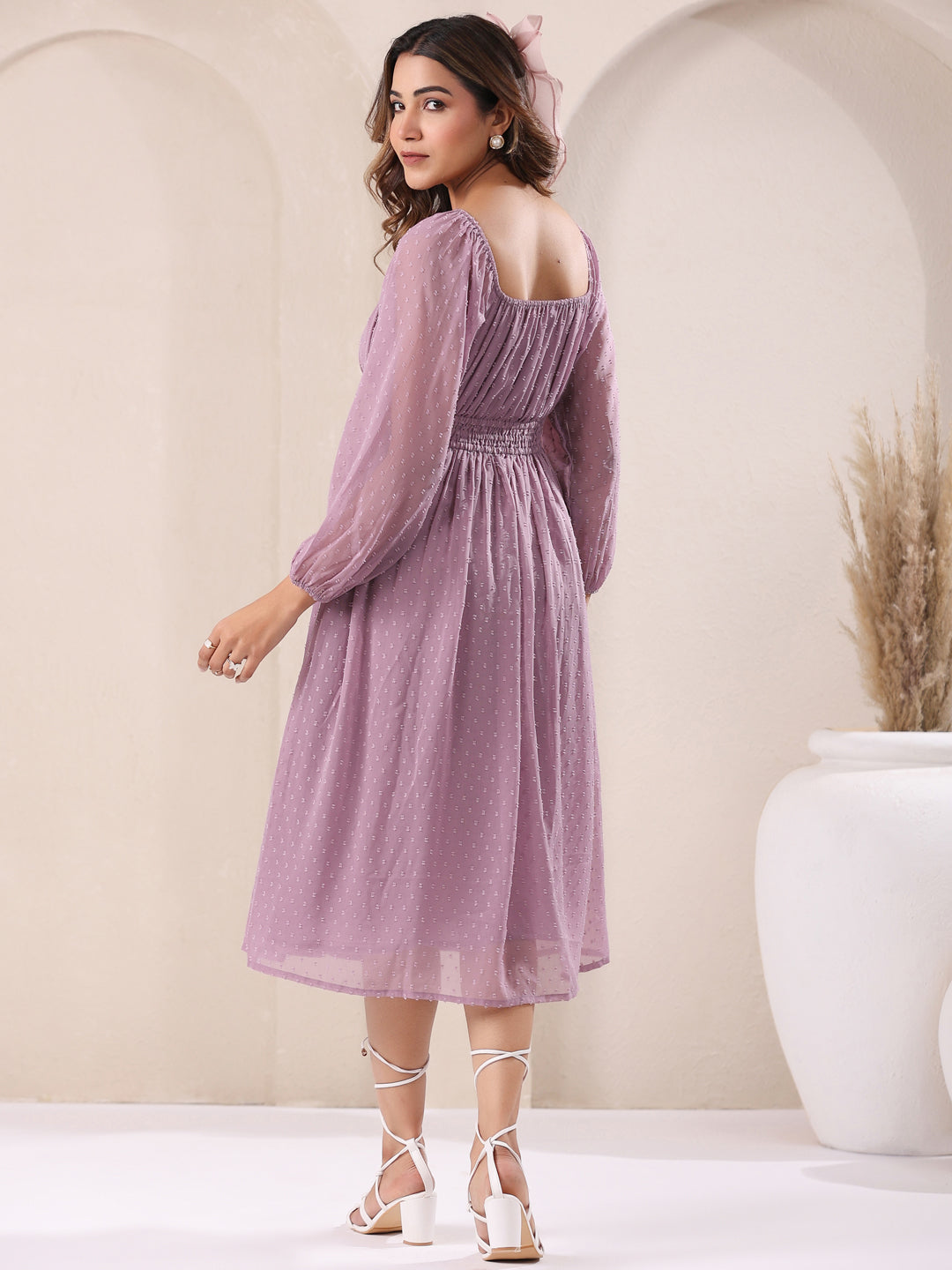 Lavender Dobby Chiffon Self Design Fit & Flare Dress