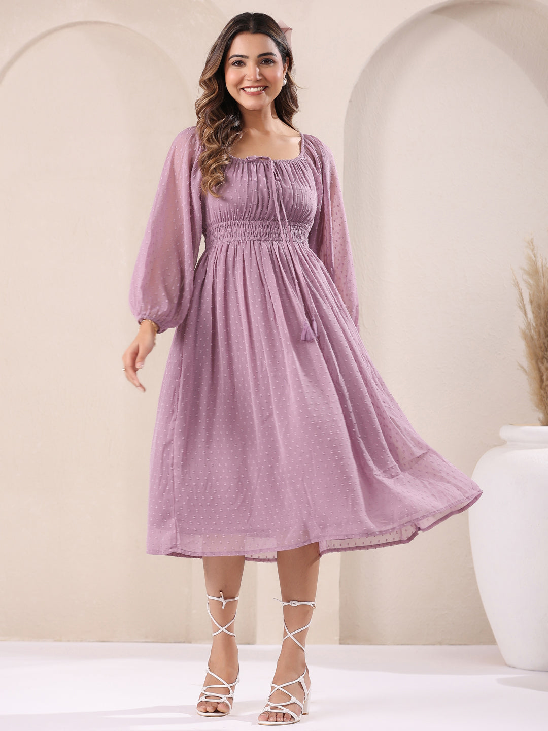 Lavender Dobby Chiffon Self Design Fit & Flare Dress