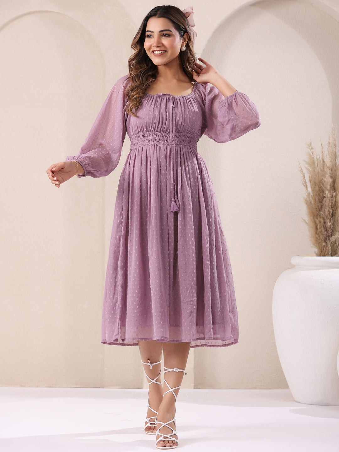 Lavender Dobby Chiffon Self Design Fit & Flare Dress