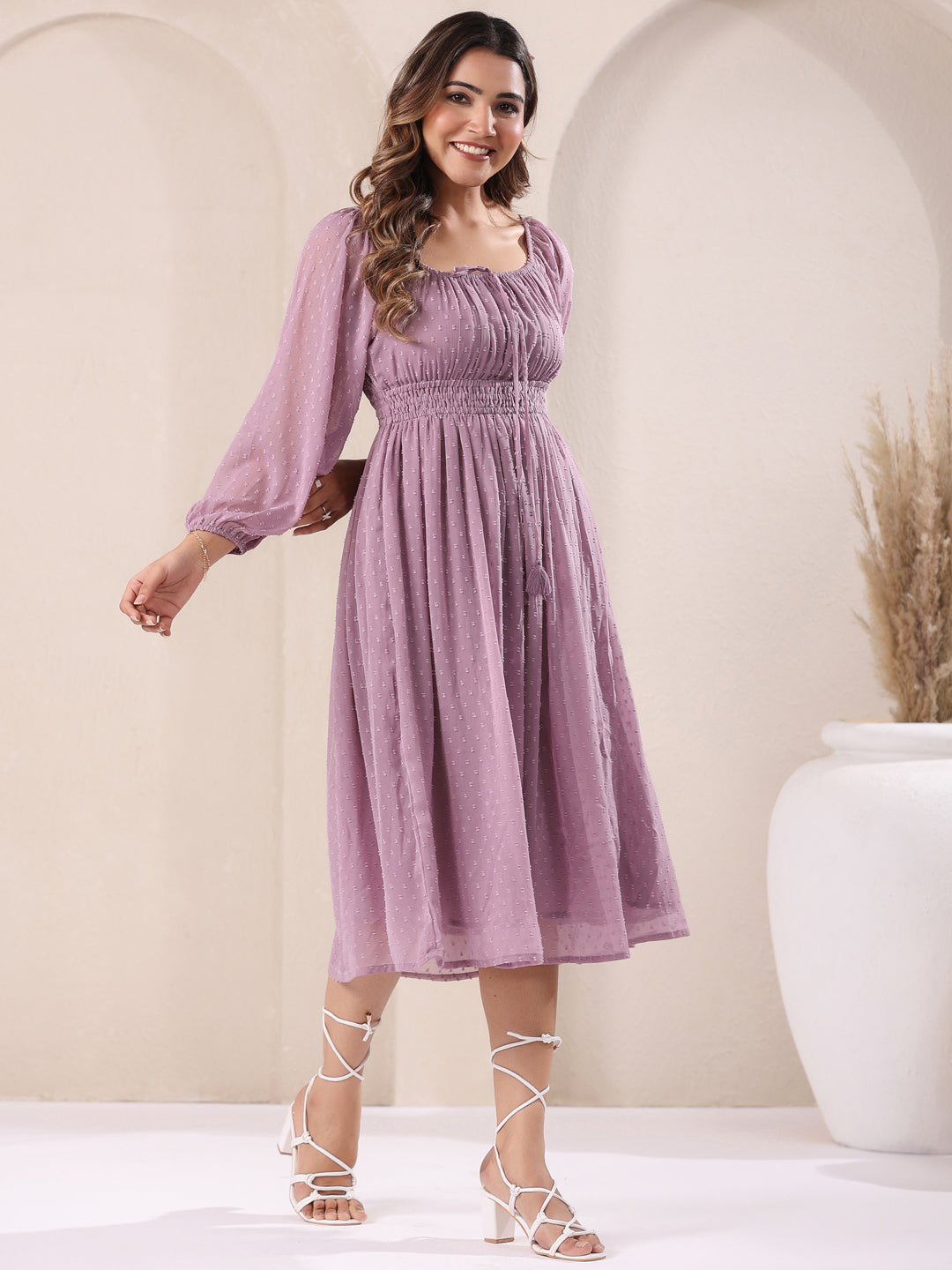 Lavender Dobby Chiffon Self Design Fit & Flare Dress