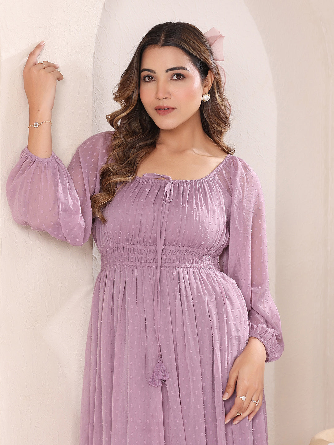 Lavender Dobby Chiffon Self Design Fit & Flare Dress