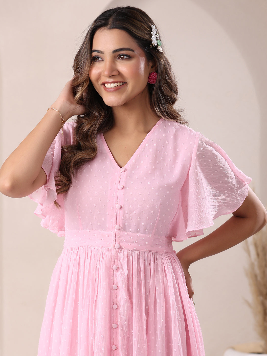 Light Pink Dobby Chiffon Self Design A-Line Dress