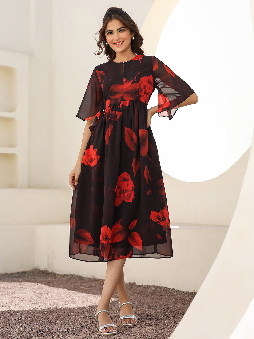 Black Georgette Floral Printed A-line Dress - Main Image