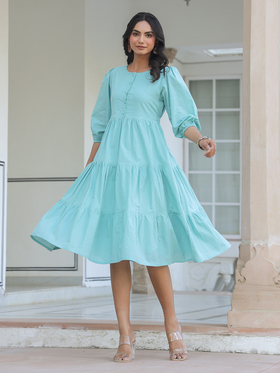 Blue Pure Cotton Solid Tiered Dress