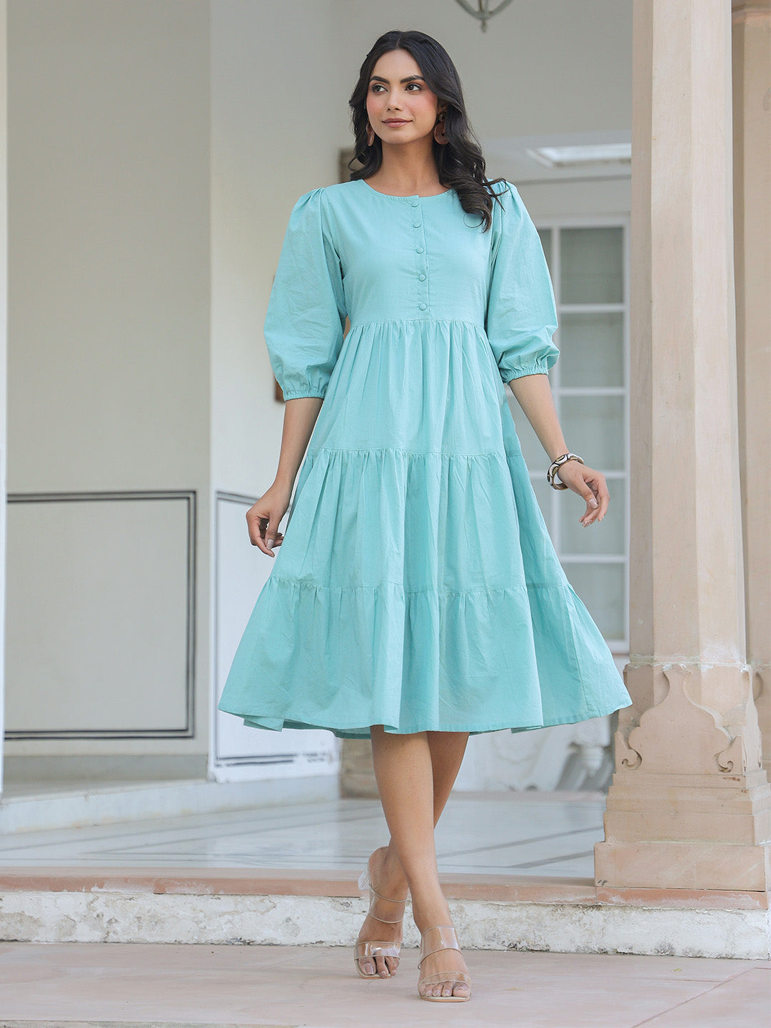 Blue Pure Cotton Solid Tiered Dress