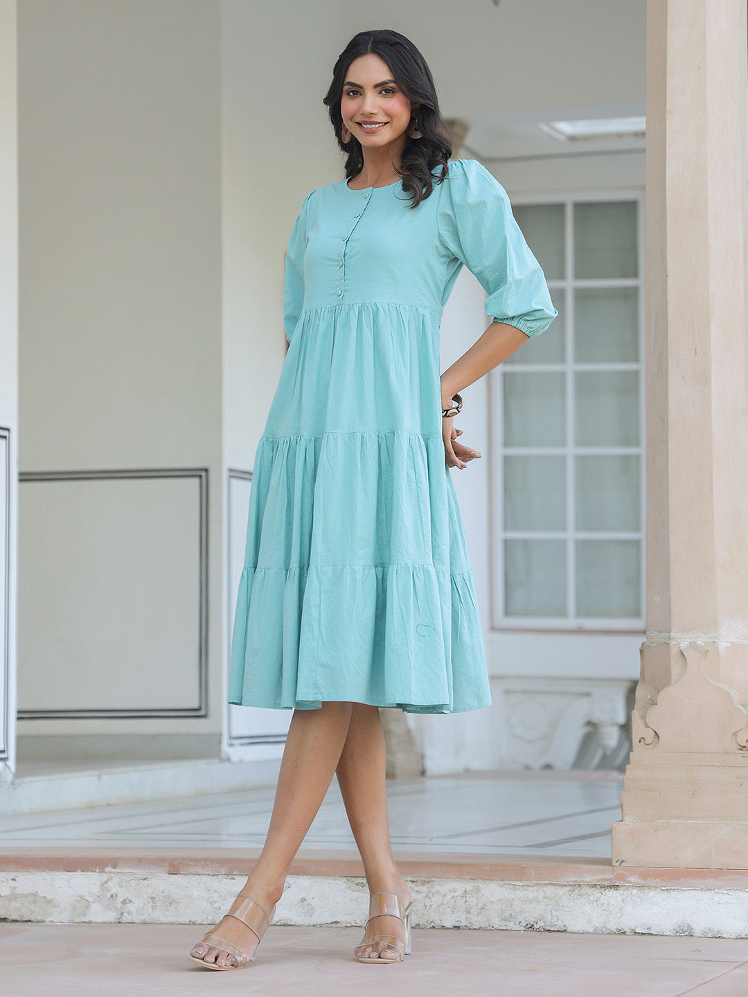 Blue Pure Cotton Solid Tiered Dress