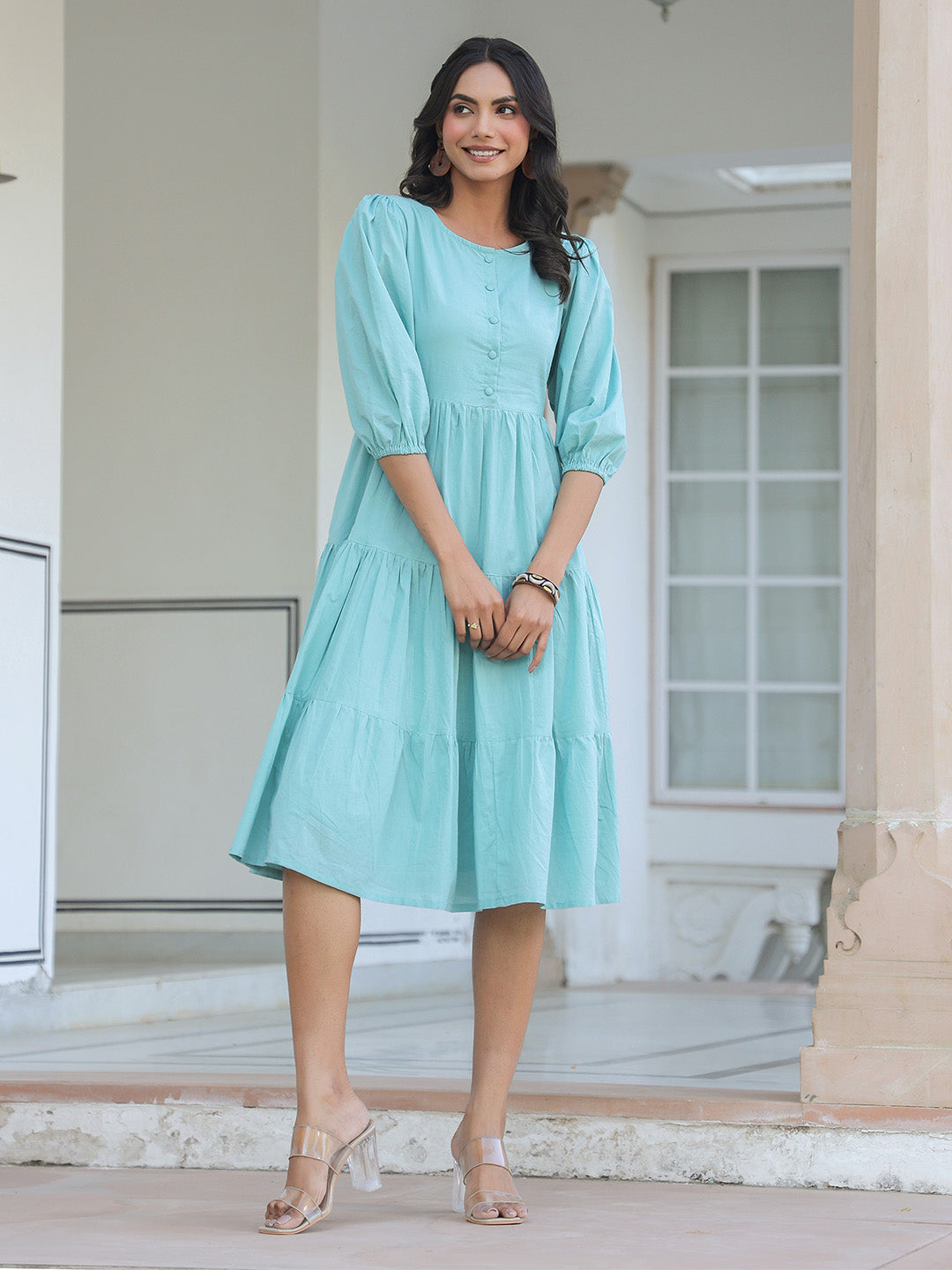 Blue Pure Cotton Solid Tiered Dress