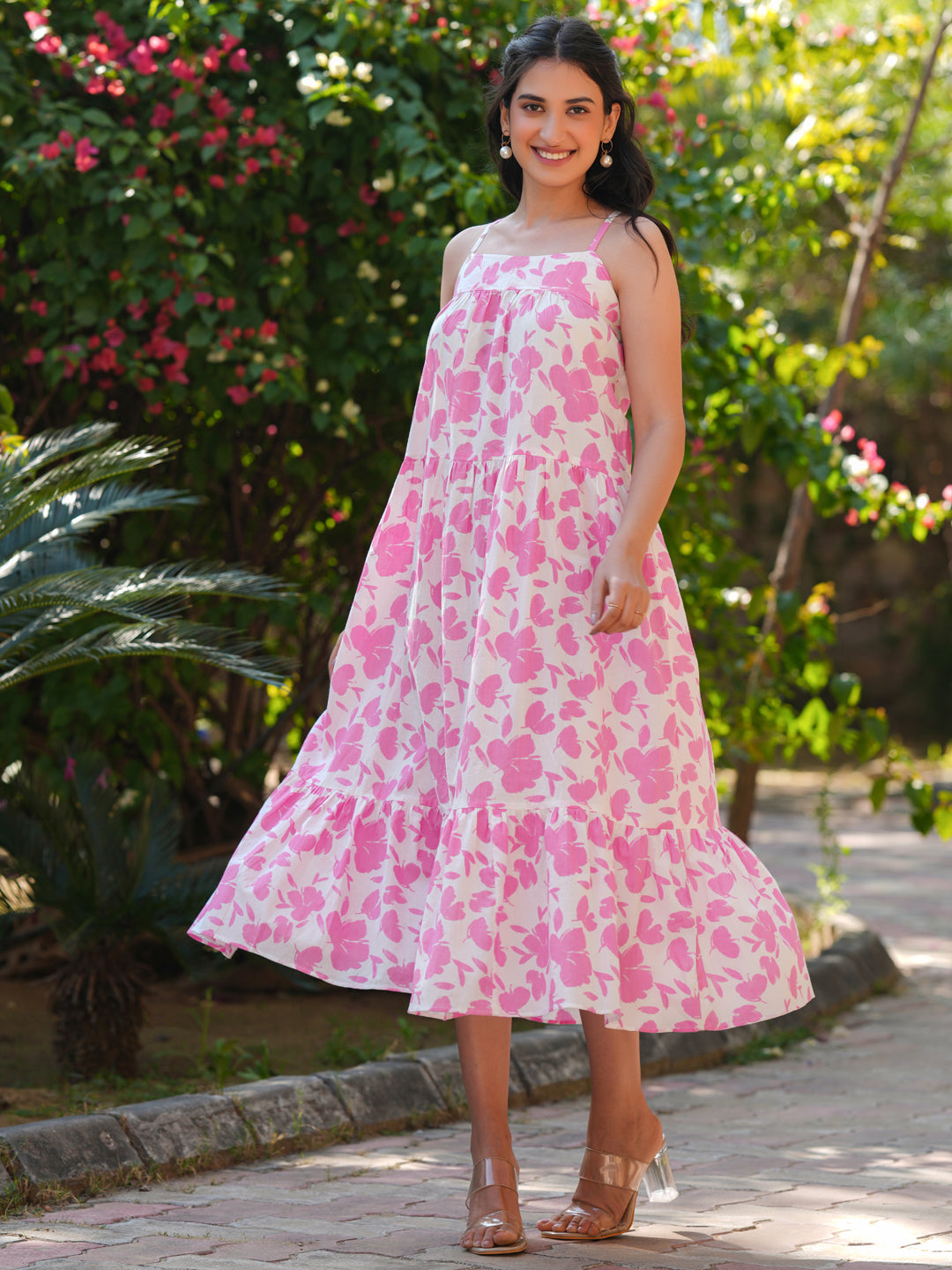 Pink Pure Cotton Abstract Printed Tiered Dress