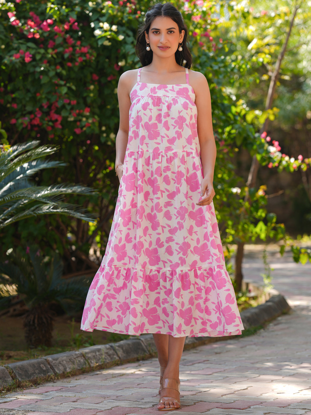 Pink Pure Cotton Abstract Printed Tiered Dress