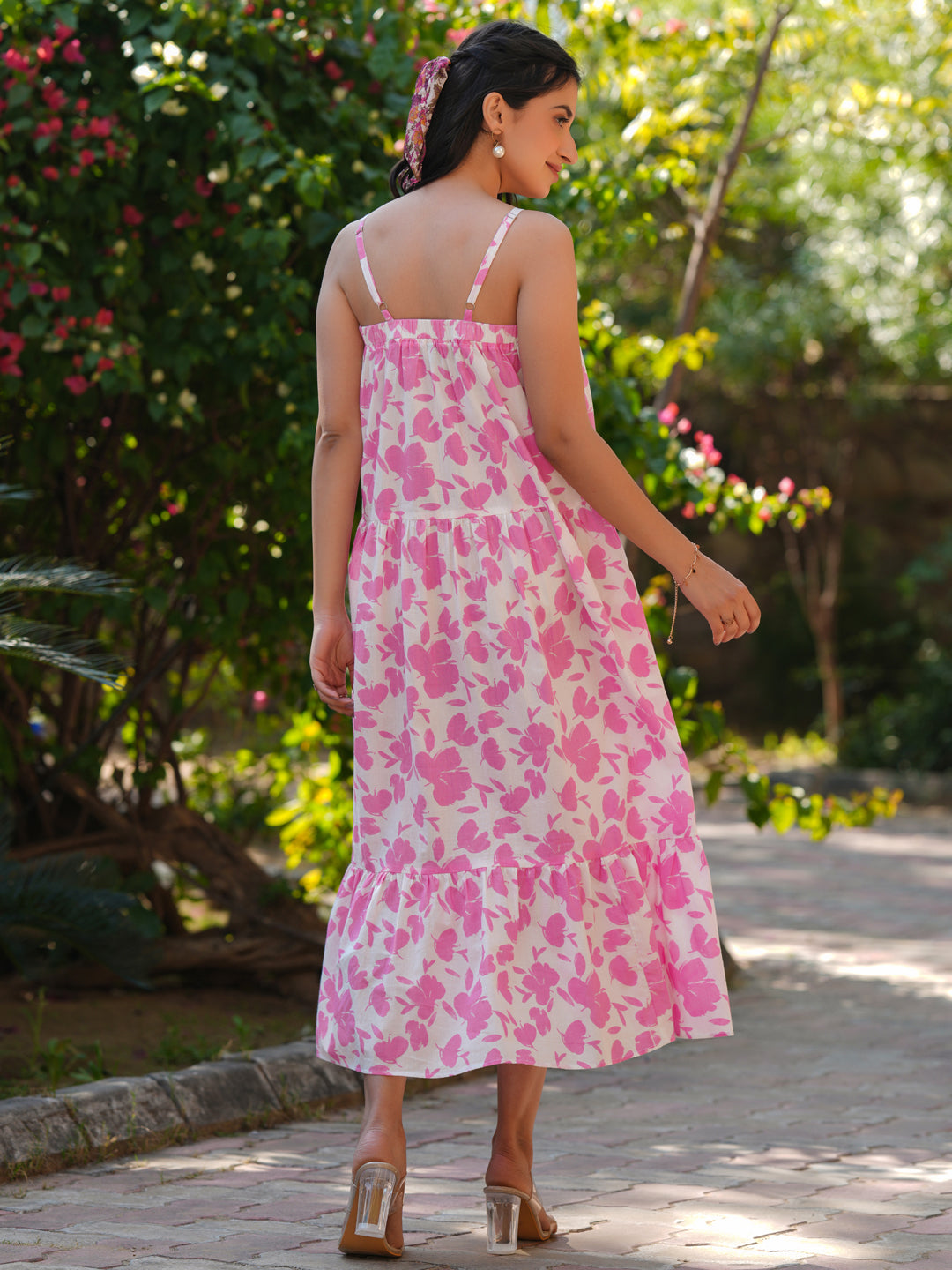 Pink Pure Cotton Abstract Printed Tiered Dress