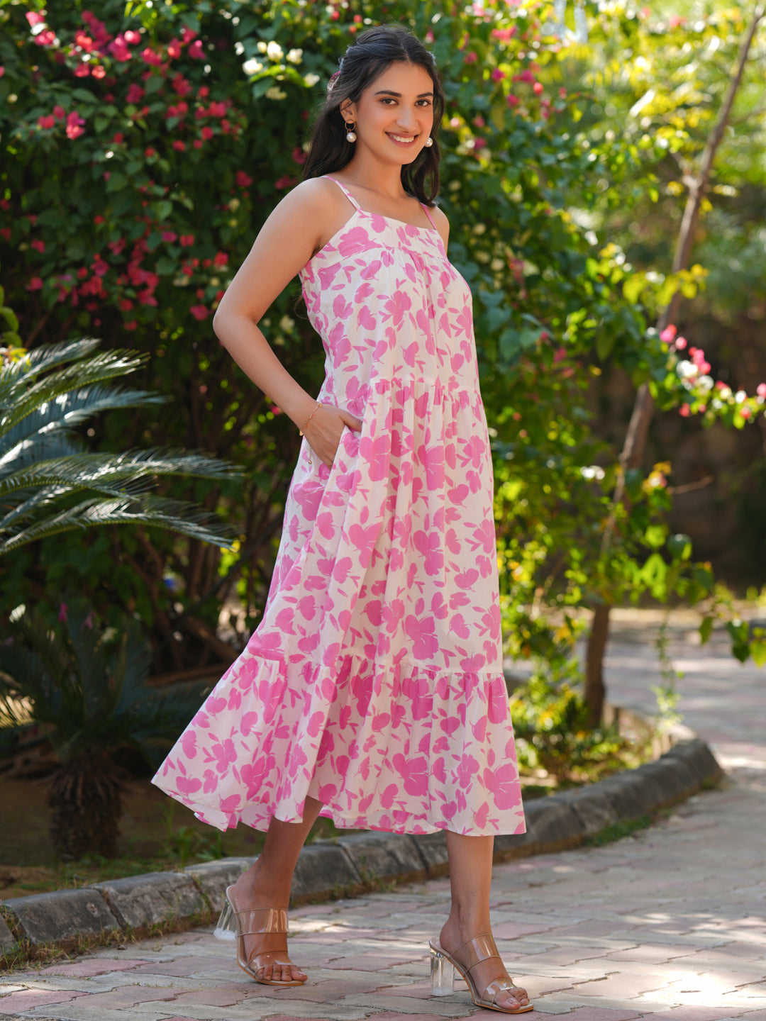 Pink Pure Cotton Abstract Printed Tiered Dress