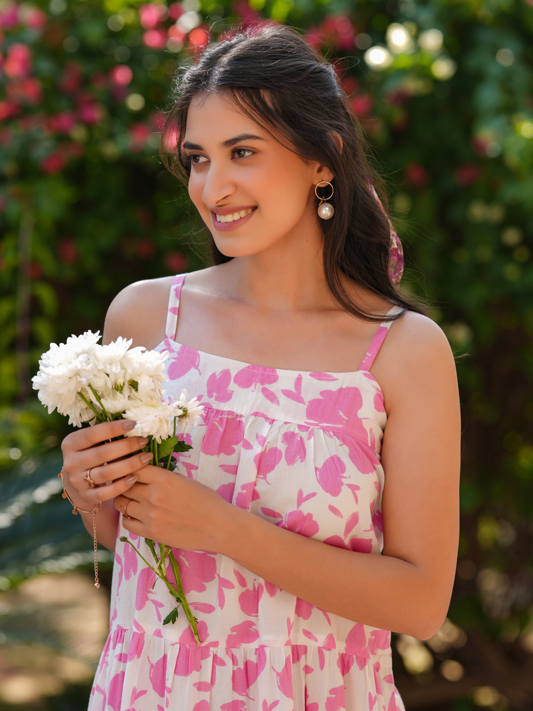 Pink Pure Cotton Abstract Printed Tiered Dress