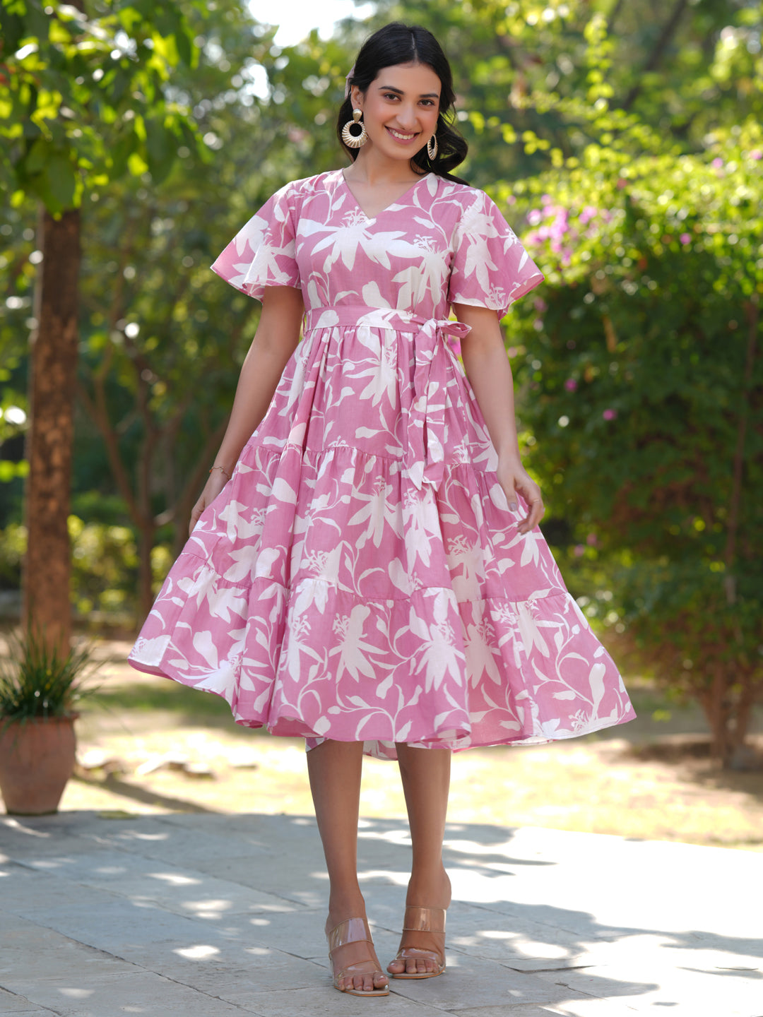 Pink Pure Cotton Floral Printed Tiered Dress