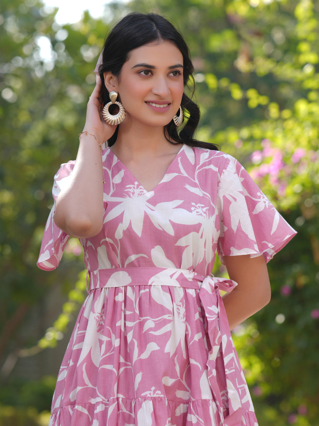 Pink Pure Cotton Floral Printed Tiered Dress