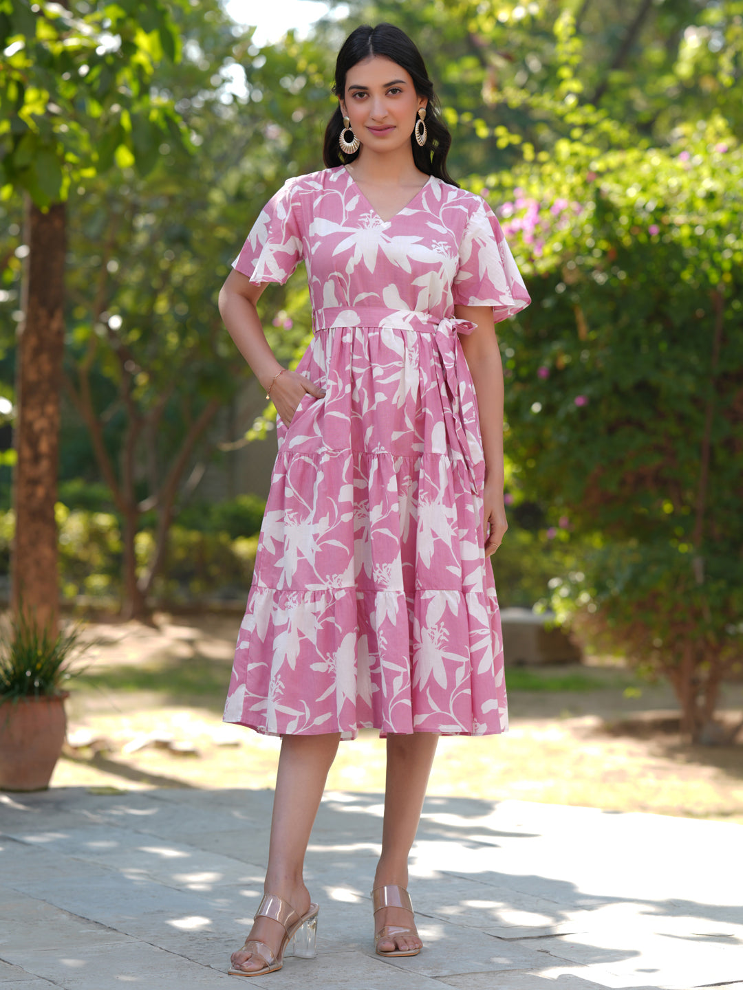 Pink Pure Cotton Floral Printed Tiered Dress