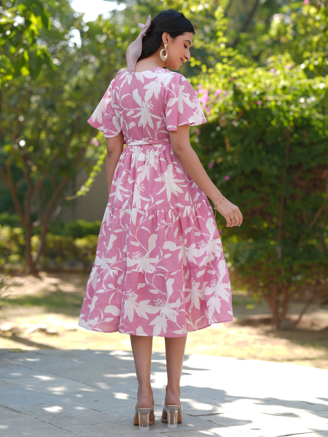 Pink Pure Cotton Floral Printed Tiered Dress