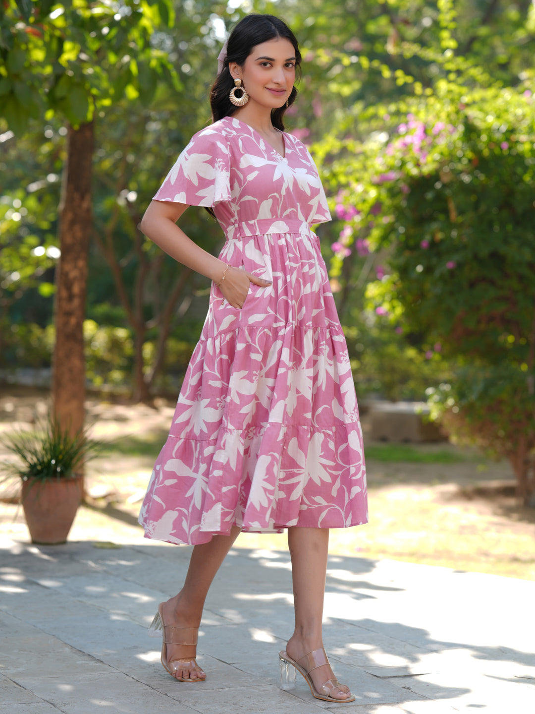 Pink Pure Cotton Floral Printed Tiered Dress