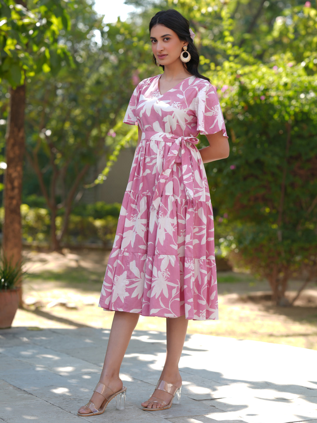 Pink Pure Cotton Floral Printed Tiered Dress