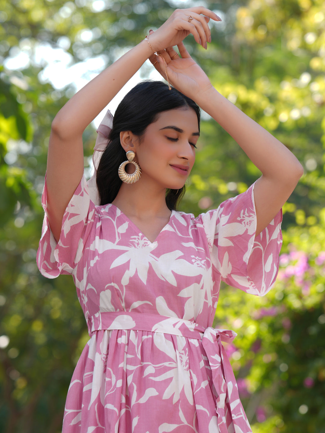 Pink Pure Cotton Floral Printed Tiered Dress