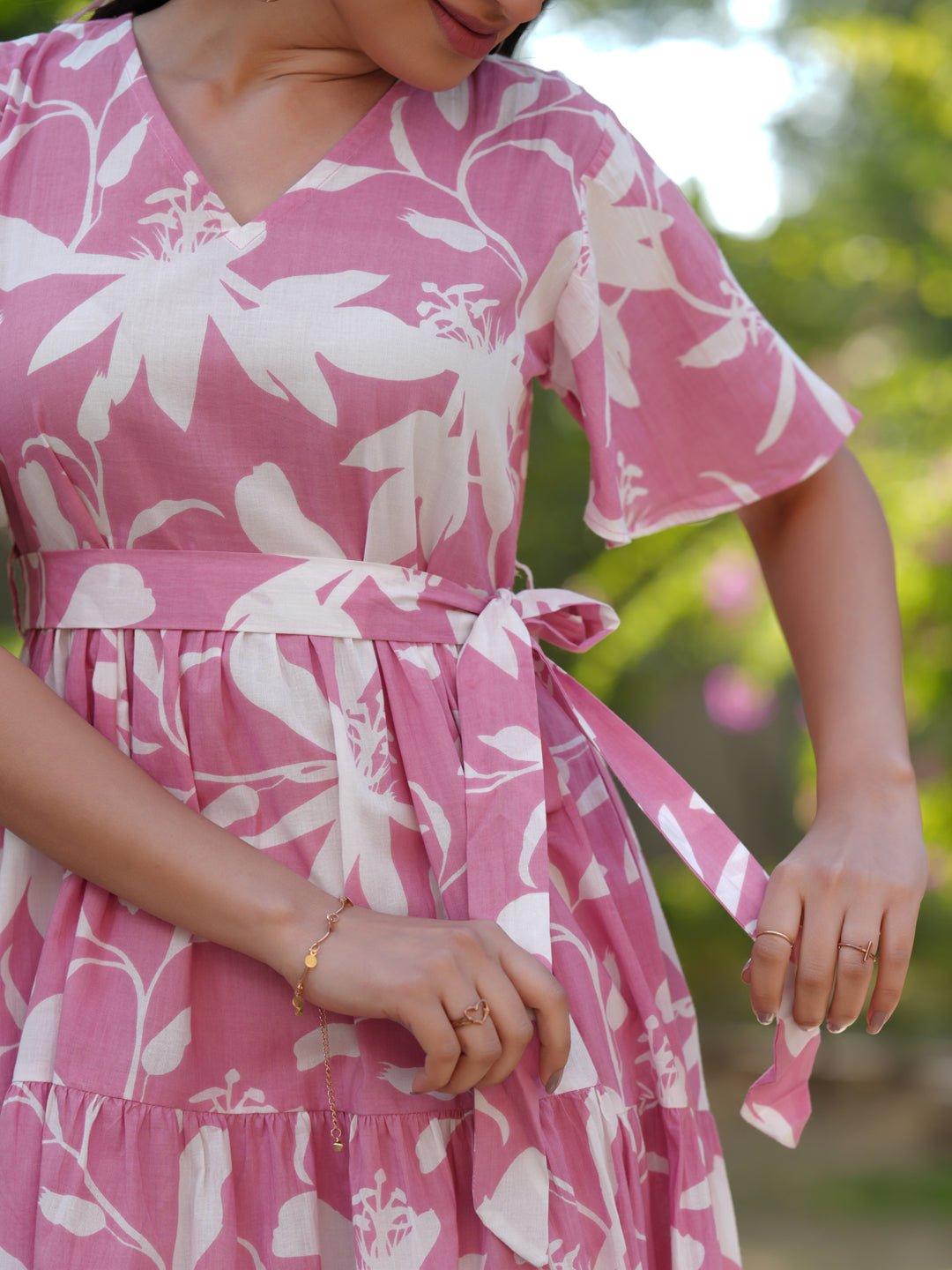 Pink Pure Cotton Floral Printed Tiered Dress