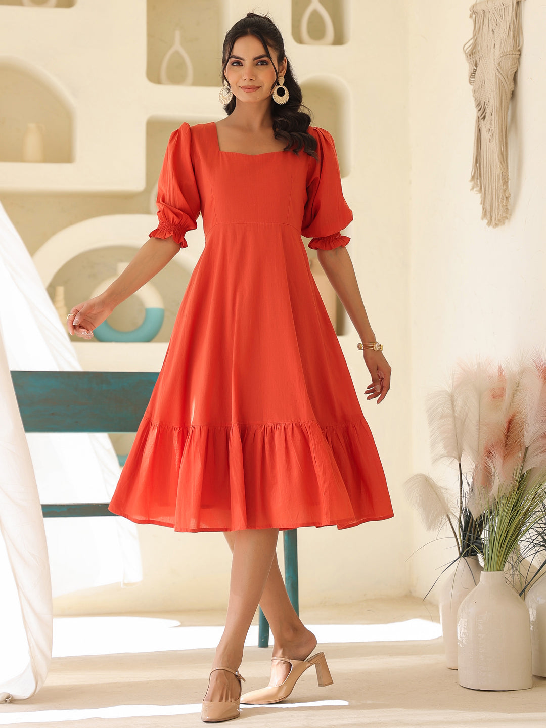 Rust Pure Cotton Solid A-line Dress