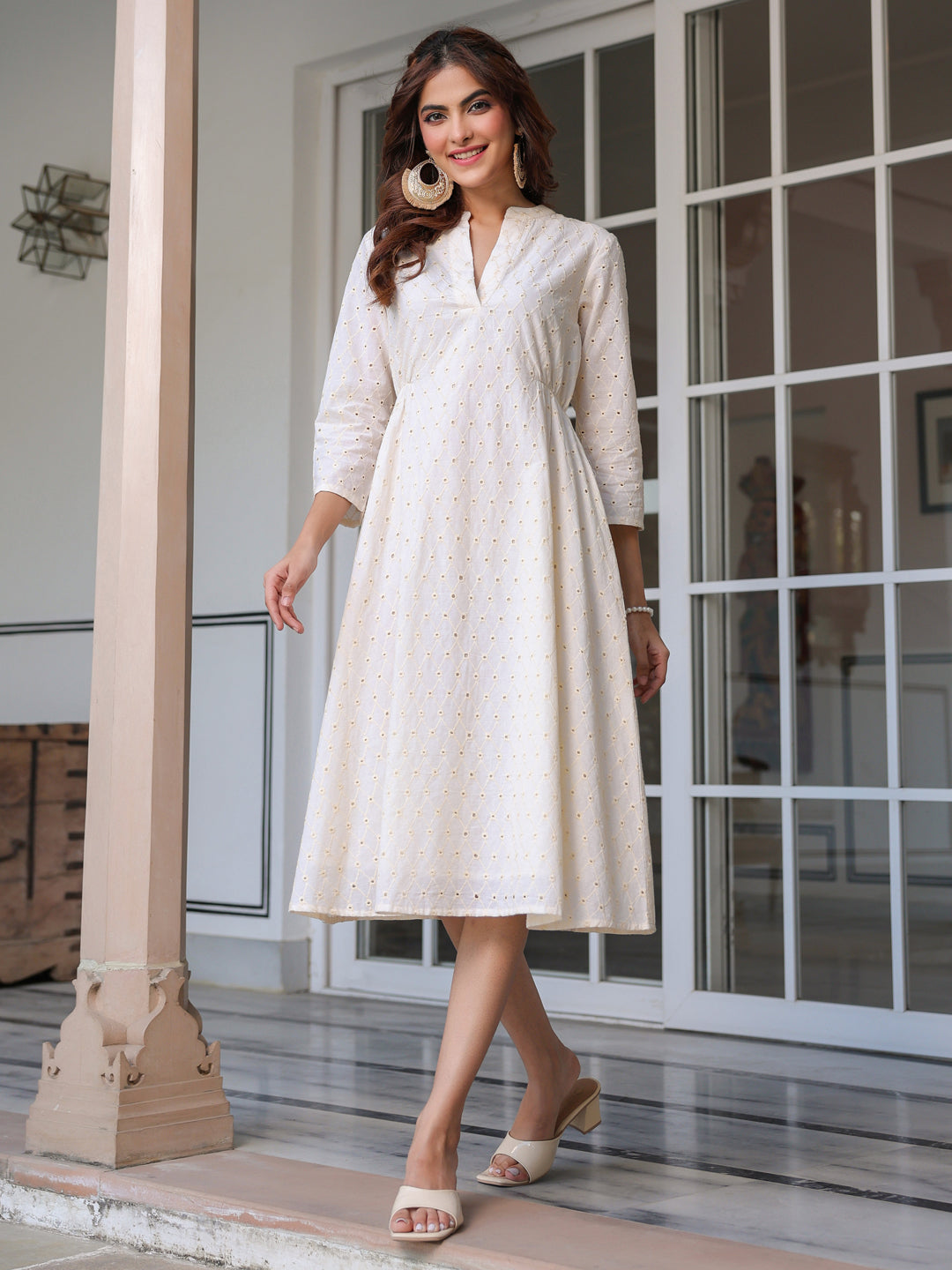 Janasya Women's Off White Pure Cotton Schiffli A-Line Dress