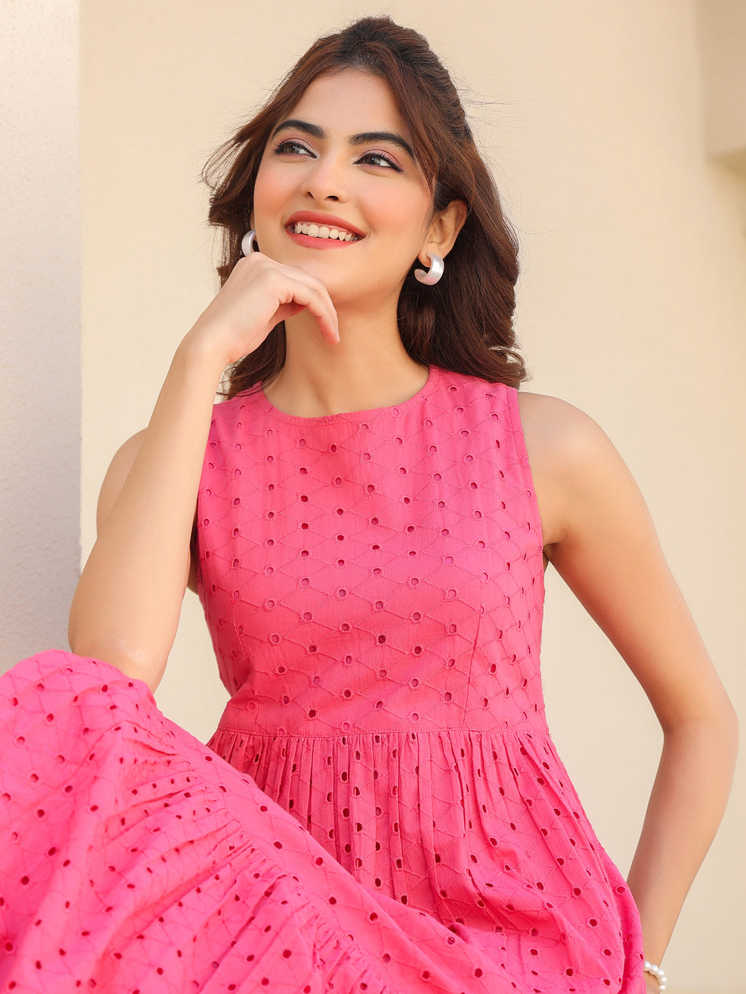 Janasya Women's Pink Pure Cotton Schiffli Tiered Dress