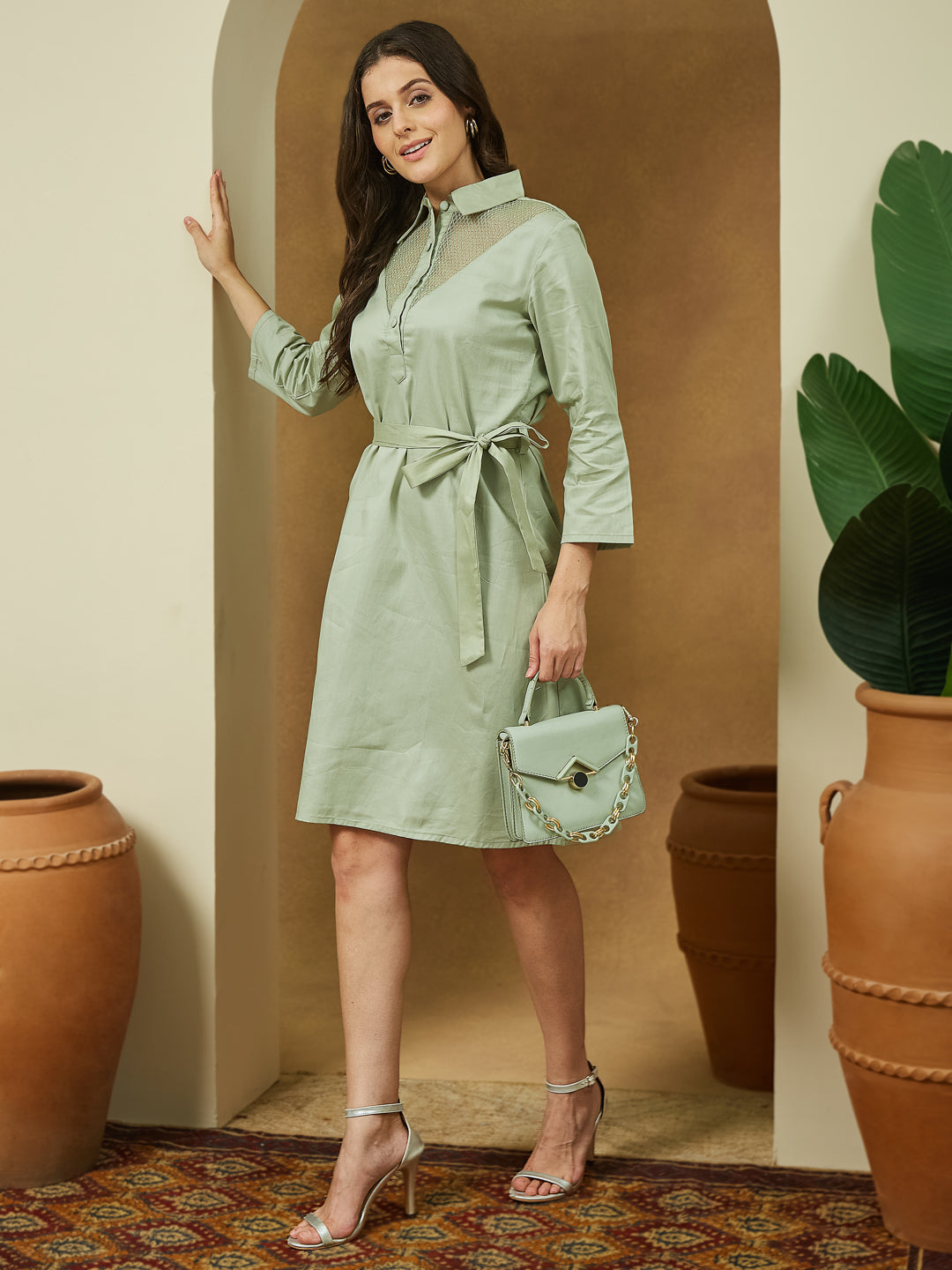Janasya Women's Sage Green Cotton Embellished A-line Tie-up Dress