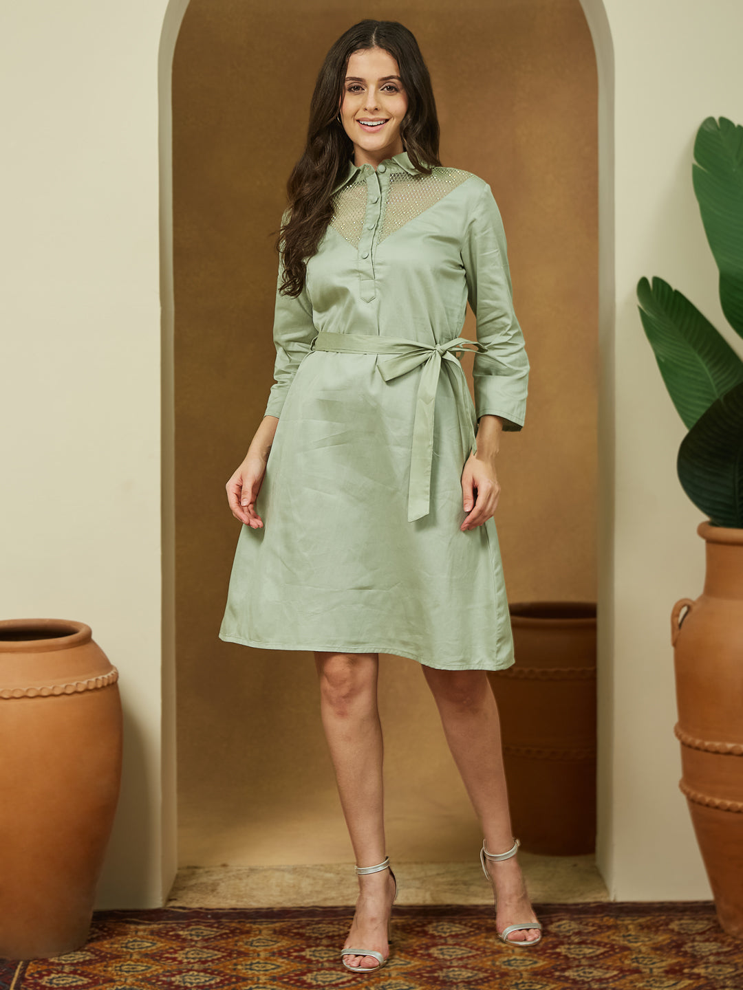 Janasya Women's Sage Green Cotton Embellished A-line Tie-up Dress