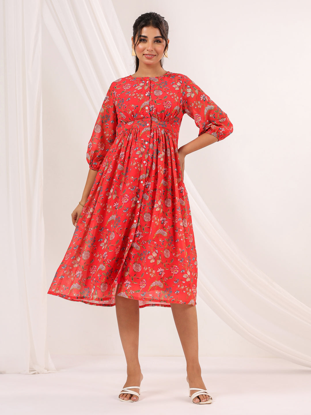 Janasya Women's Red Georgette Floral Printed Gathered Dress