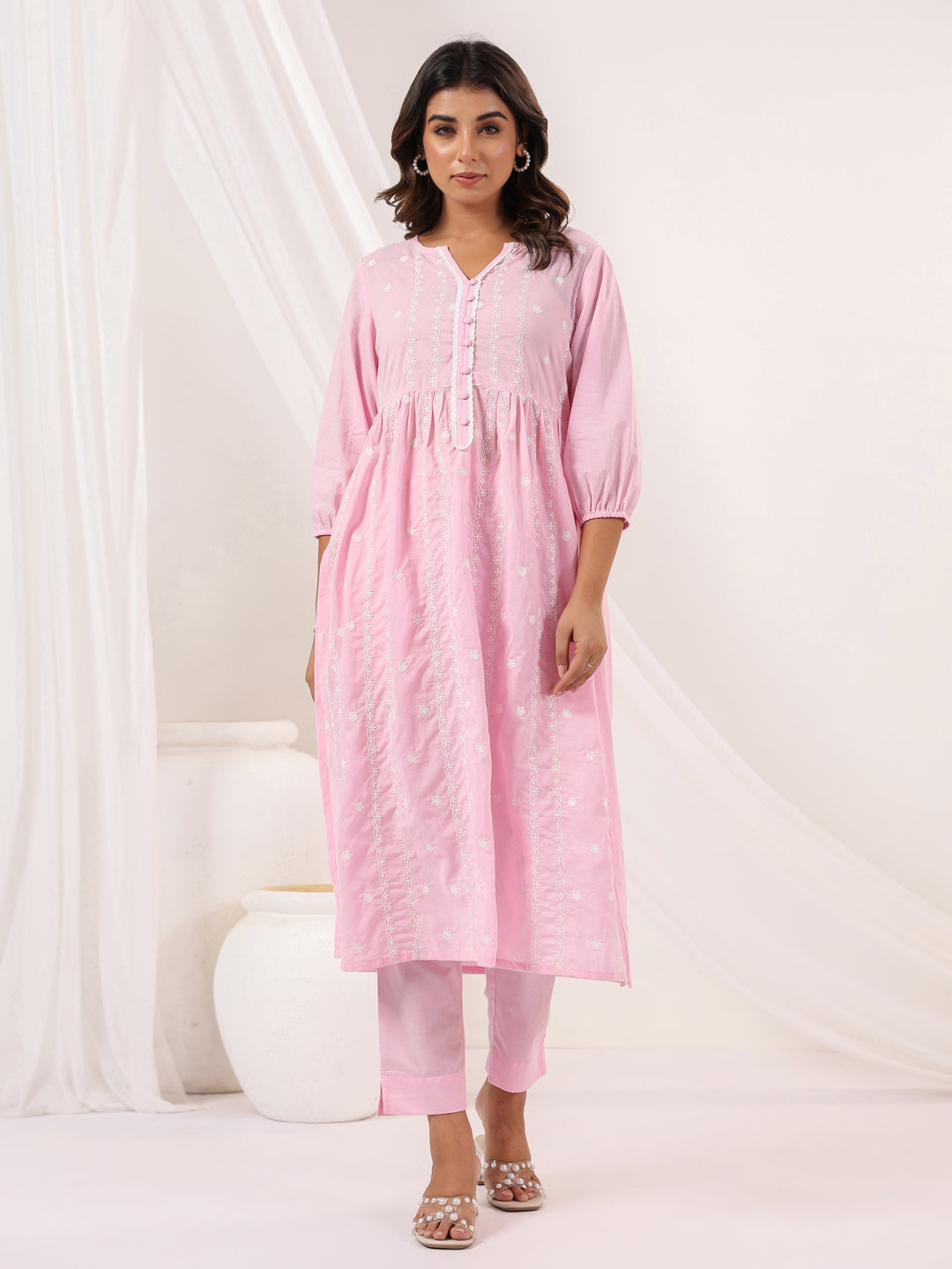 Janasya Women's Pink Pure Cotton Embroidered A line Kurta Pant Set