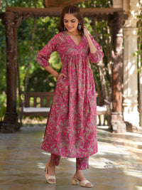 Pink Pure Cotton Floral Printed A-Line Kurta Pant Set