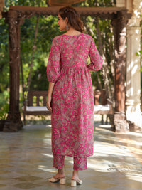 Pink Pure Cotton Floral Printed A-Line Kurta Pant Set