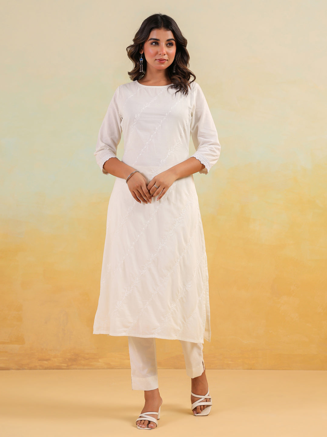 Janasya Women's Off White Pure Cotton Embroidered Straight Kurta Pant Set
